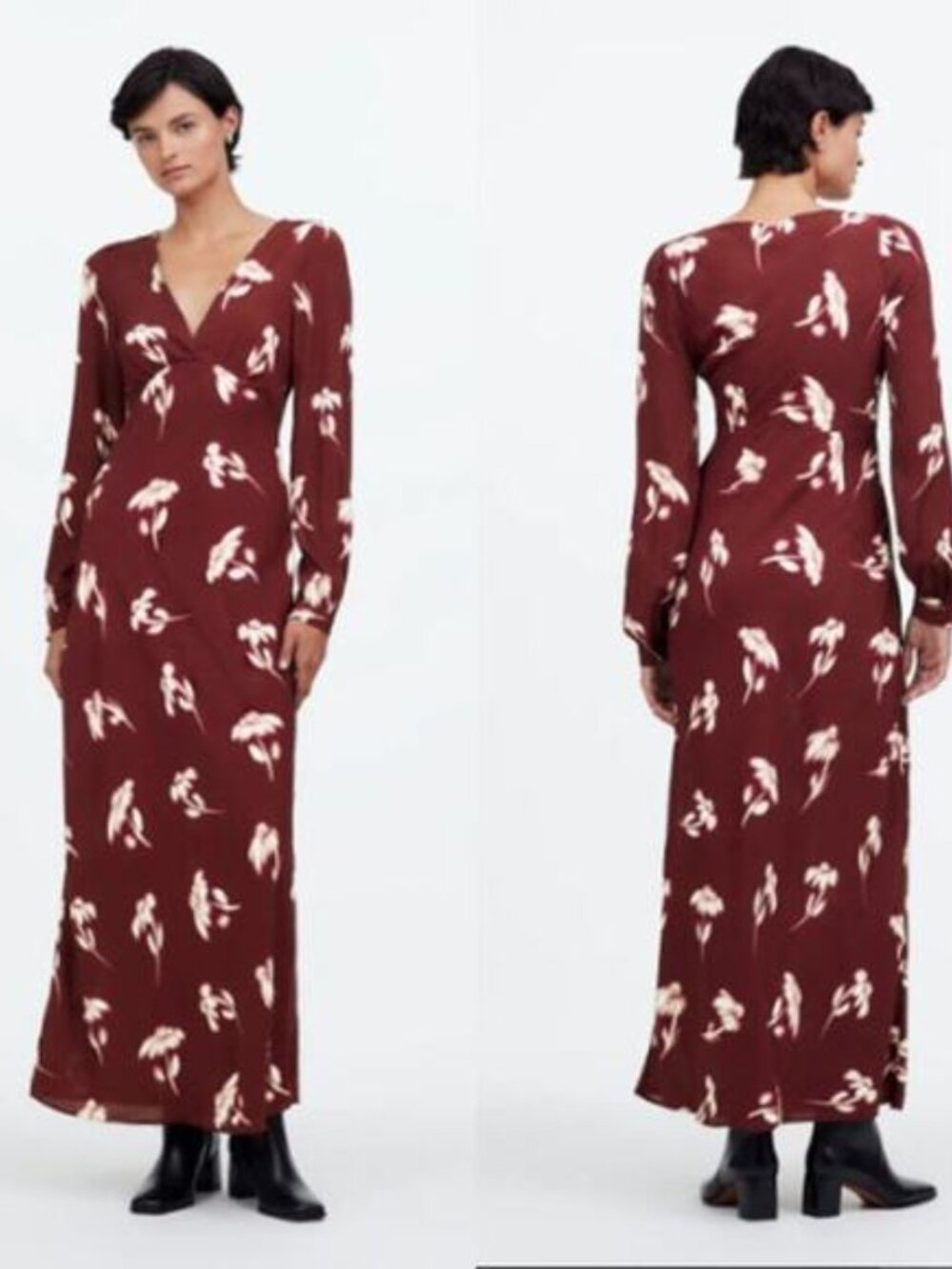 Madewell V-Neck Cuff Sleeve Maxi Dress Floral Bordeaux – Size 12 NWT